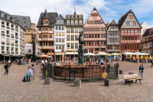 Beautiful historic German town square Römerberg with timber-framed houses