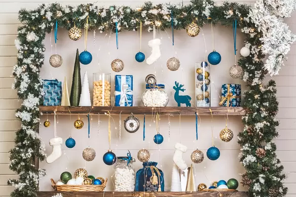 Beautifully decorated shelves with christmas attributes