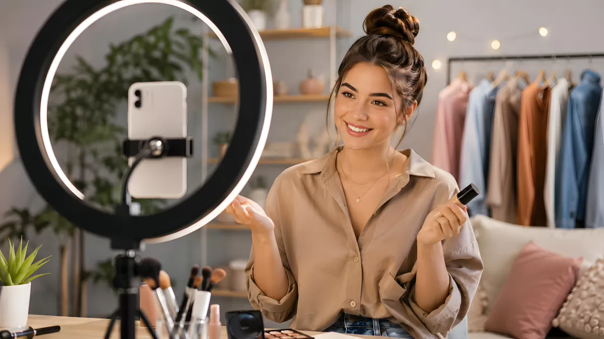 Beauty-Influencerin filmt Make-up-Tutorial mit Ringlicht