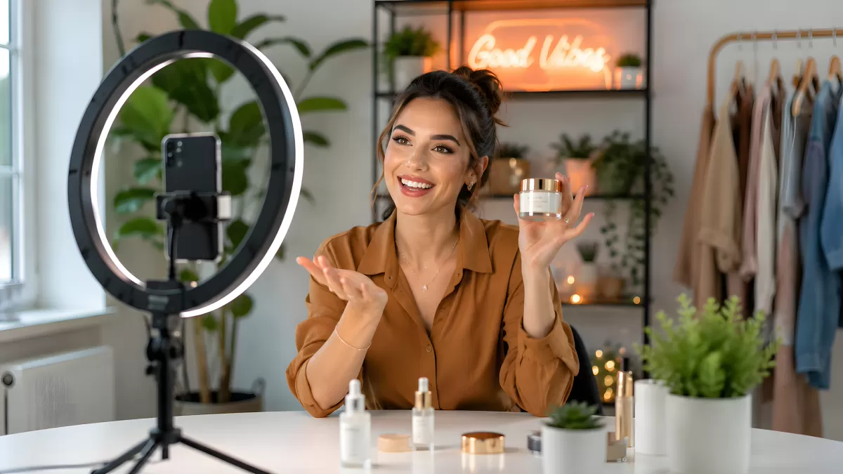 Beauty-Influencerin präsentiert Hautpflege vor Kamera