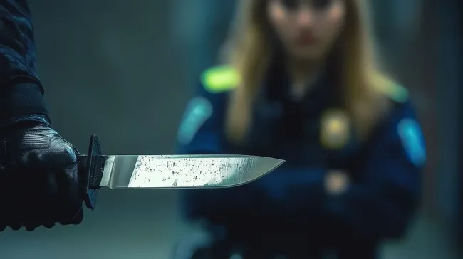 Bedrohliche Messerszene mit Polizeipräsenz im Hintergrund