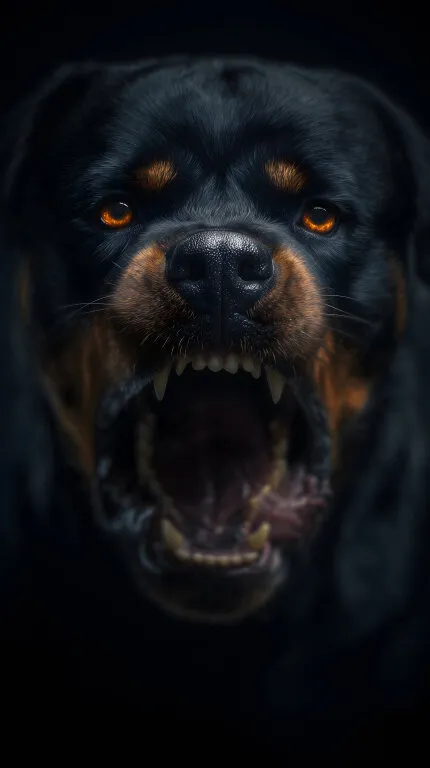 Bedrohlicher Rottweiler mit gefletschten Zähnen in Nahaufnahme