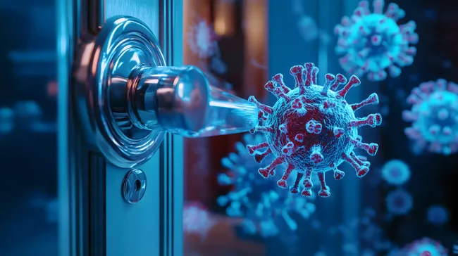 Bedrohliches Coronavirus an Türgriff vor dunklem Hintergrund