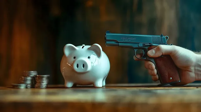 Bedrohte Ersparnisse - Waffe auf Sparschwein