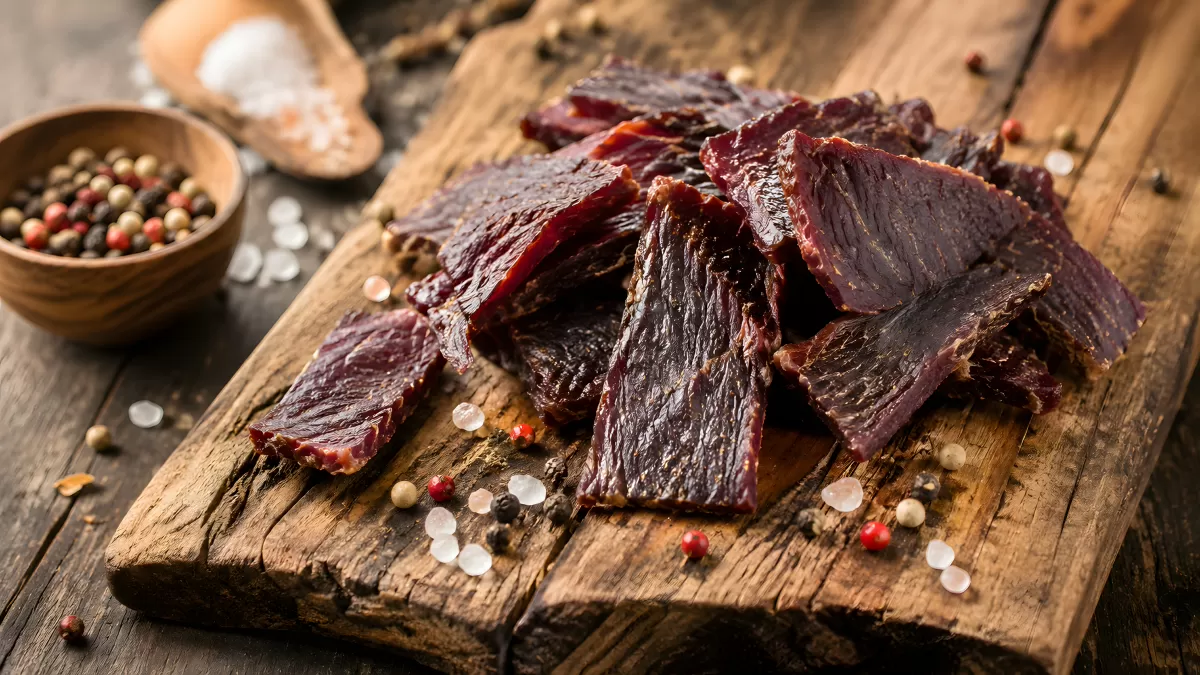 Beef Jerky auf Holzbrett mit Salz und Pfeffer