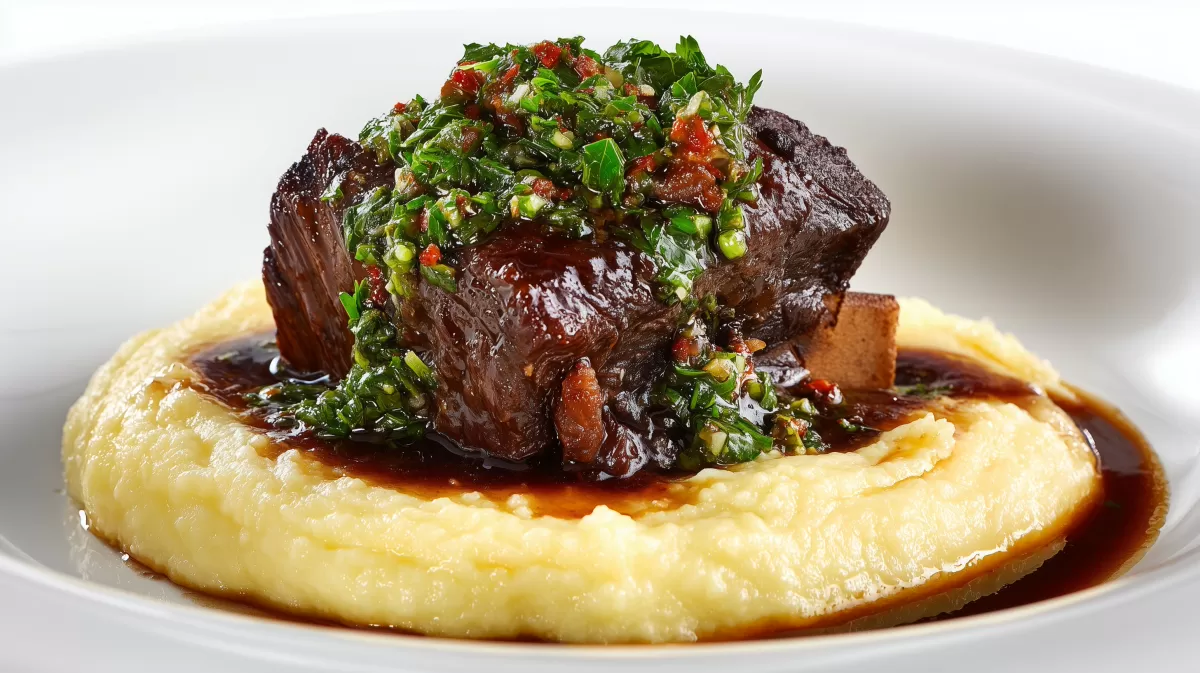 Beef Short Rib mit Koriander Gremolata auf Kartoffelpüree