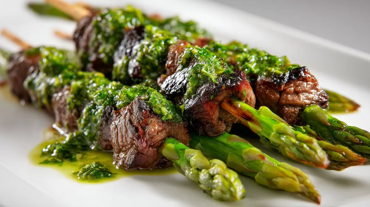 Beef Skewers mit Chimichurri und Spargel serviert