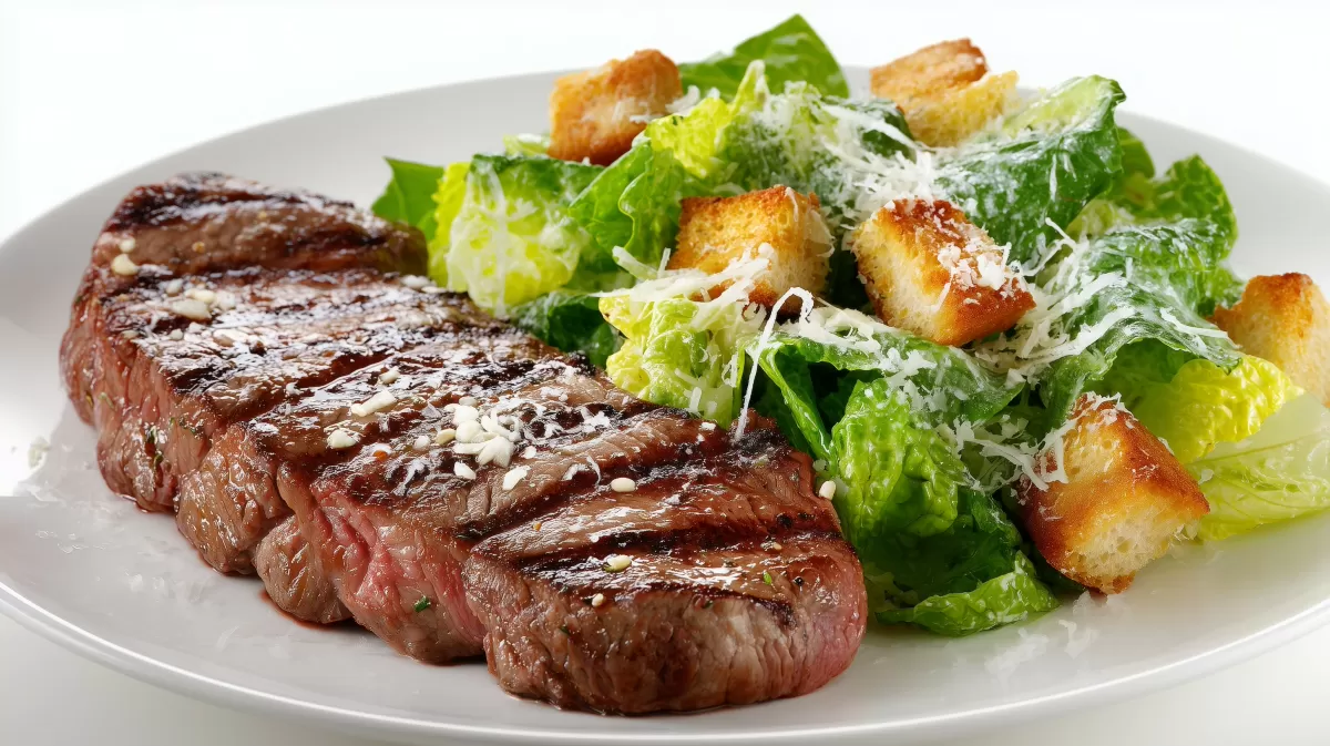 Beef Steak mit Caesar Salad auf weißem Teller