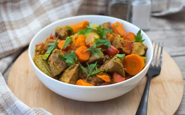 Beef Stew with Vegetables in a White Bowl