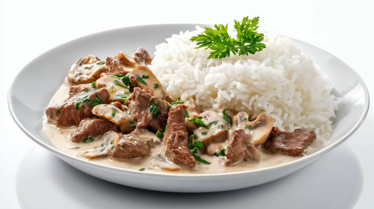 Beef Stroganoff mit Reis auf weißem Teller