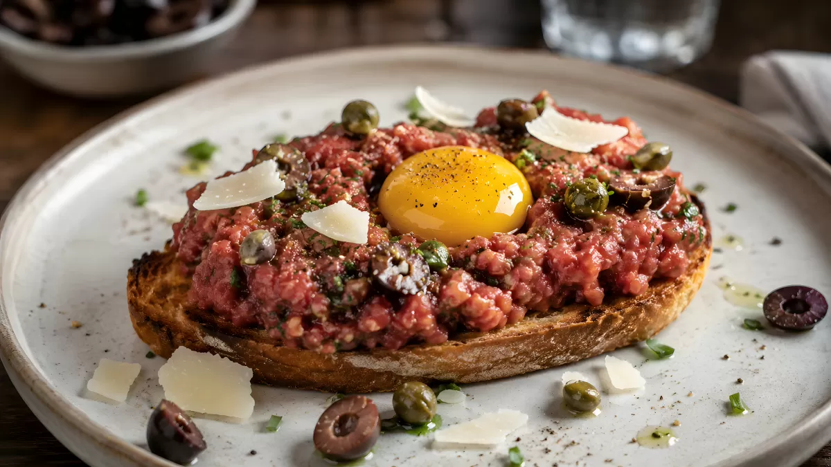 Beef Tatar auf geröstetem Brot mit Eigelb und Kapern