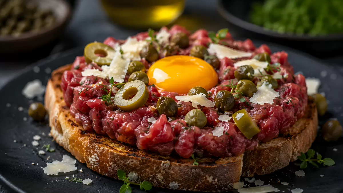 Beef Tatar auf Röstbrot mit Eigelb und Kapern