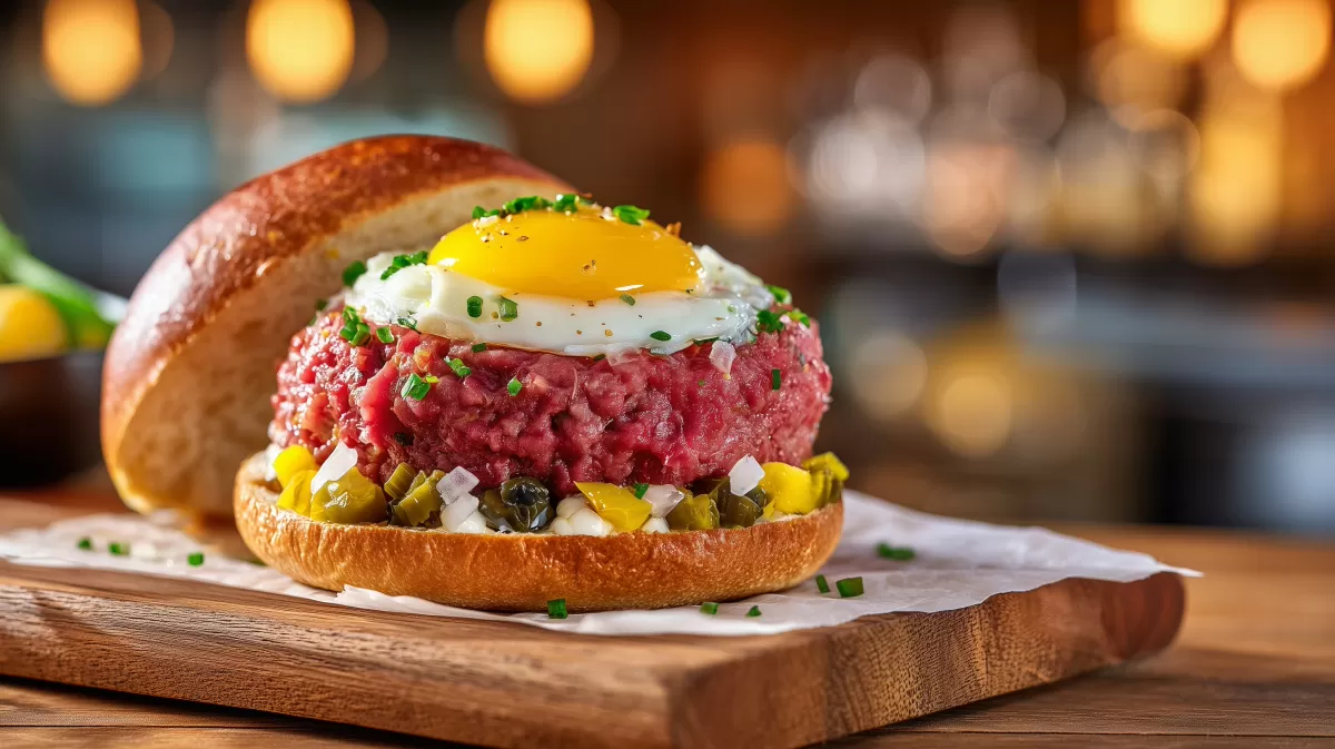 Beef Tatar Burger mit Eigelb auf Holzbrett