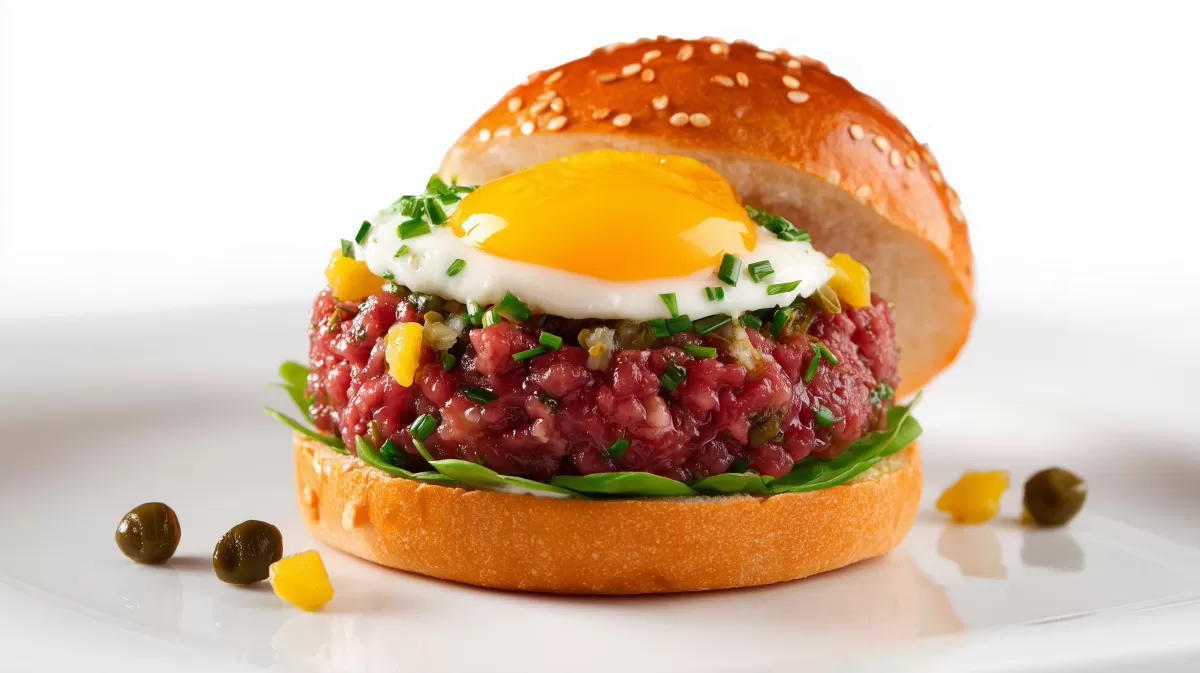 Beef Tatar Burger mit Spiegelei und Kapern