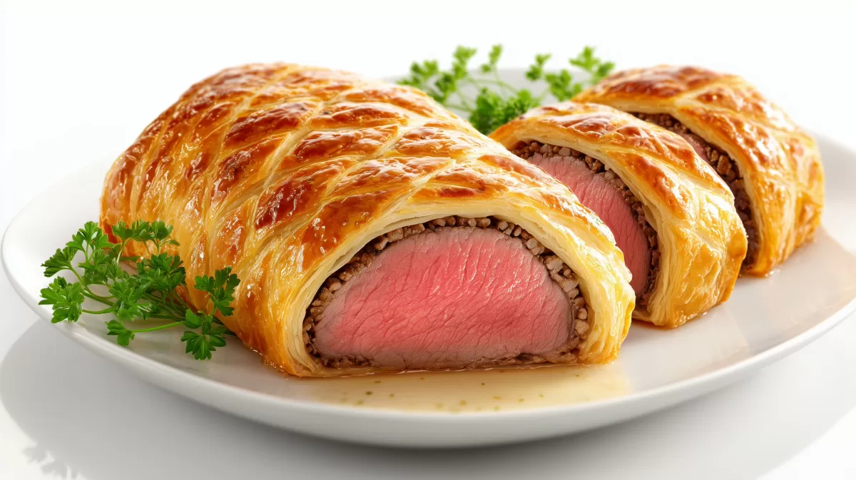 Beef Wellington angeschnitten auf weißem Teller