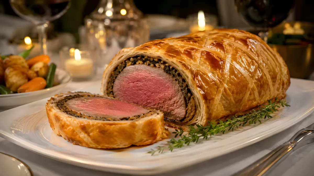 Beef Wellington auf Festtafel angeschnitten serviert