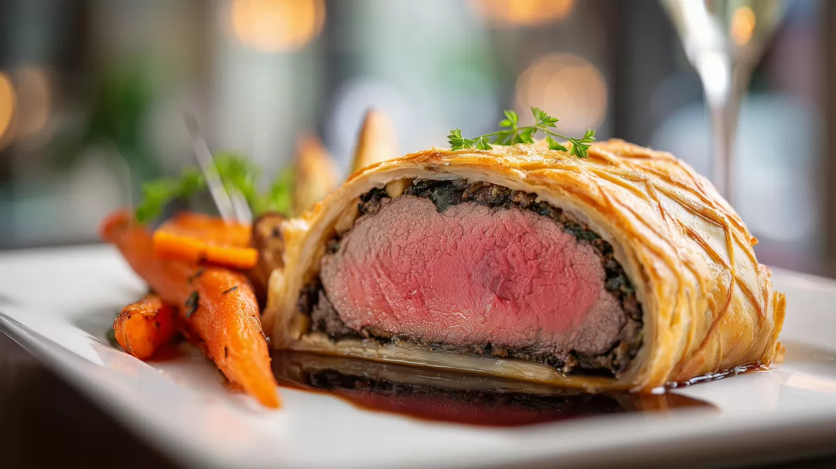 Beef Wellington aufgeschnitten mit Blätterteig und Karotten