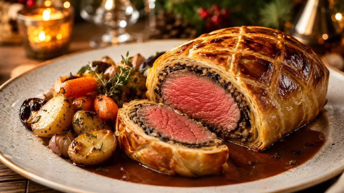 Beef Wellington aufgeschnitten mit Gemüsebeilage
