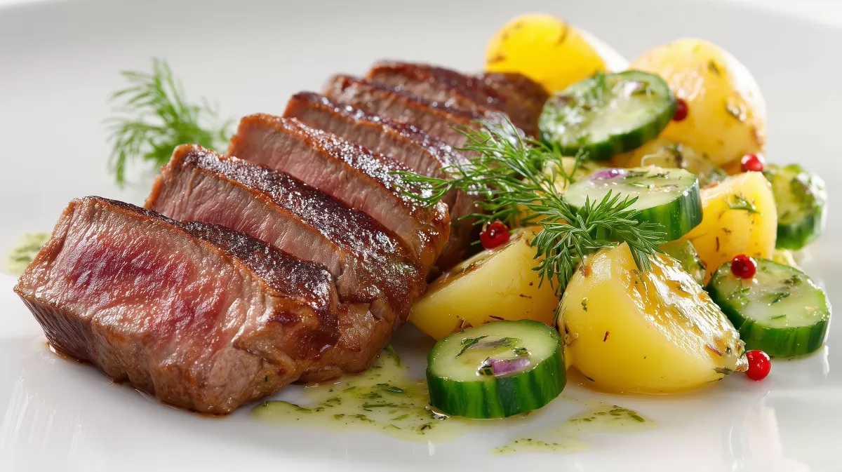 Beefsteak mit lauwarmem Kartoffelsalat und Gurke