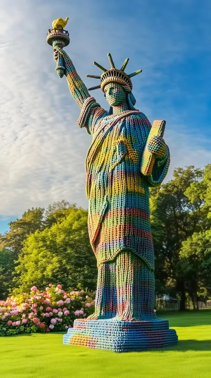 Beeindruckende Freiheitsstatue aus bunter Häkelarbeit im Park