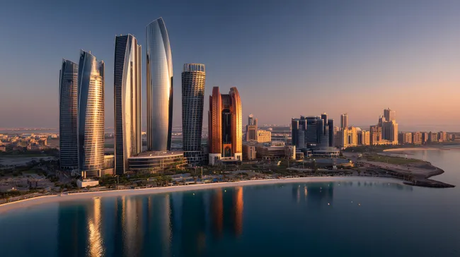 Beeindruckende Skyline von Abu Dhabi bei Sonnenuntergang
