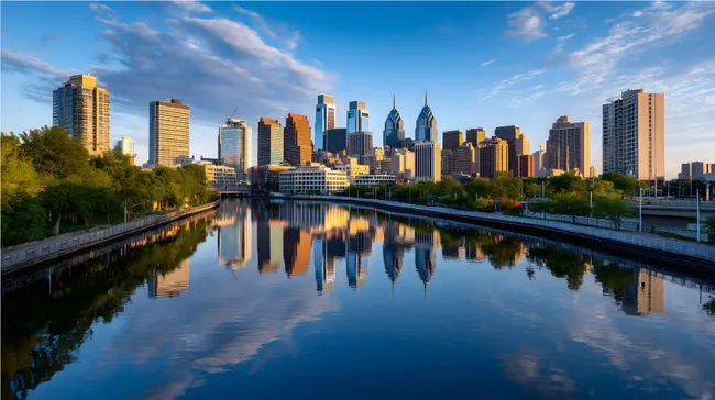 Beeindruckende Skyline von Philadelphia bei Sonnenuntergang