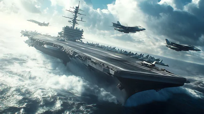 Beeindruckender Flugzeugträger mit startenden Jets im Sturm