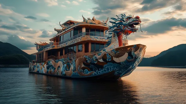 Beeindruckendes Drachen-Bootsmodell auf Bergsee bei Sonnenuntergang