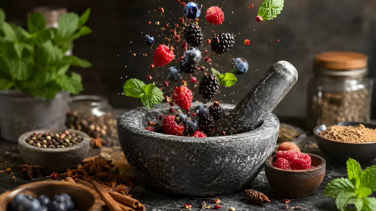 Beeren fallen in Steinmörser mit Gewürzen