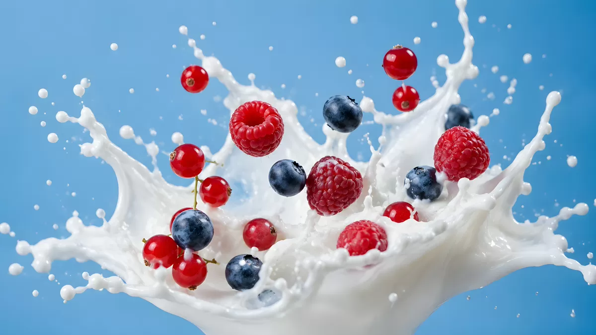Beeren spritzen in Milch – Hochgeschwindigkeitsfoto