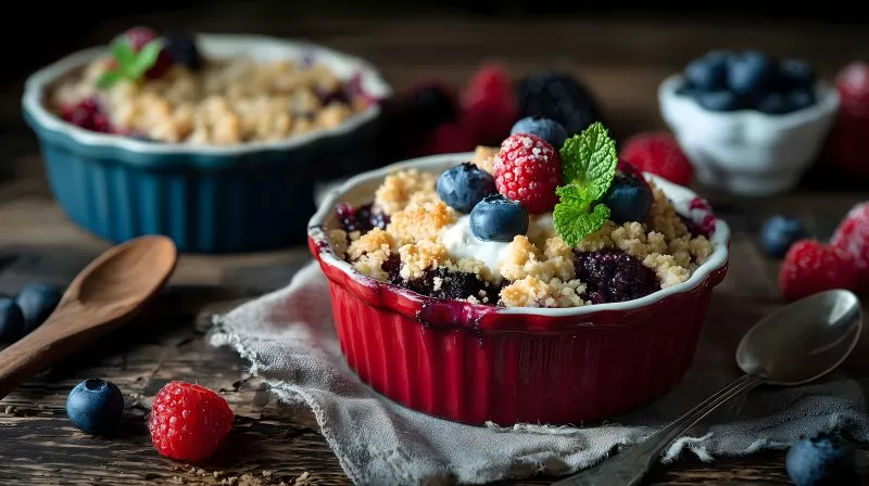 Beerencrumble mit Minze und Sahne in roter Backform