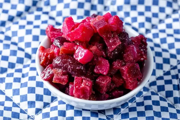 Beet salad Vinaigrette in a white bowl