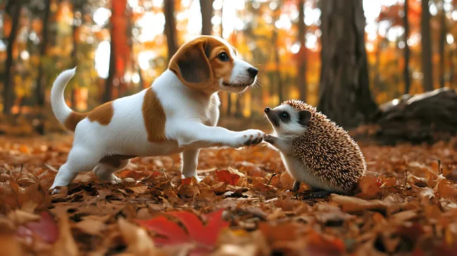Begegnung zwischen Hund und Igel im Herbstwald
