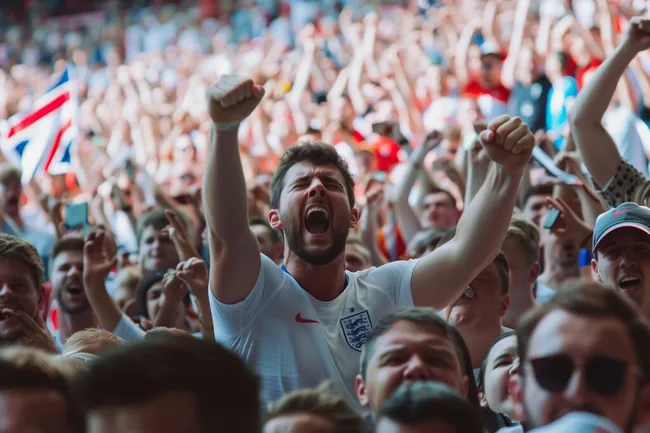 Begeisterte Fußballfans jubeln mit erhobenen Armen