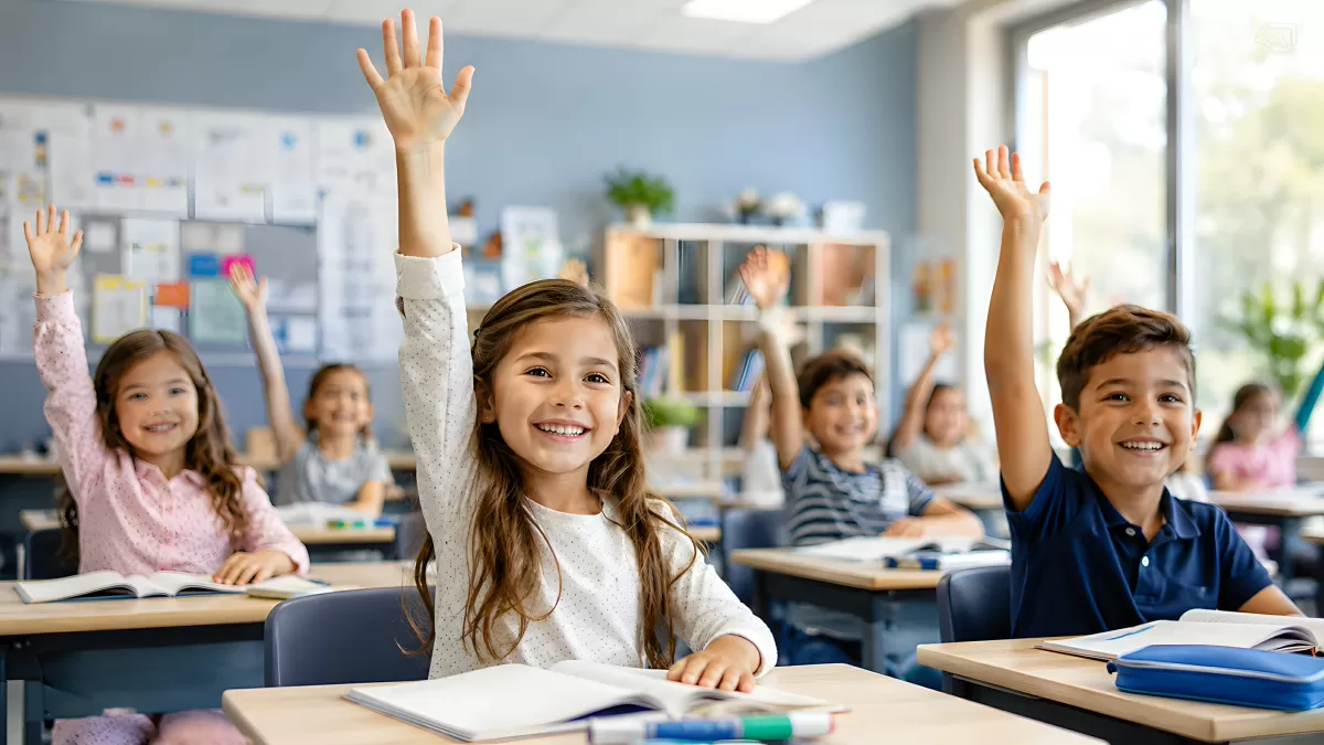 Begeisterte Grundschulkinder melden sich im Unterricht