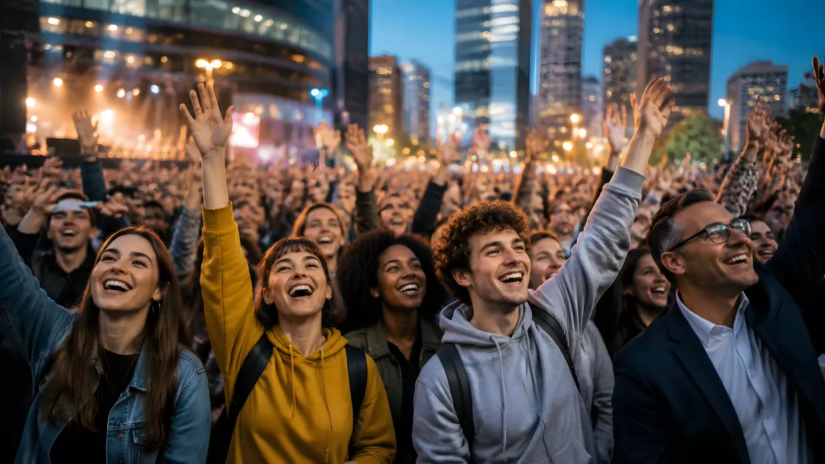 Begeisterte Menschenmenge bei Outdoor-Konzert in der Stadt