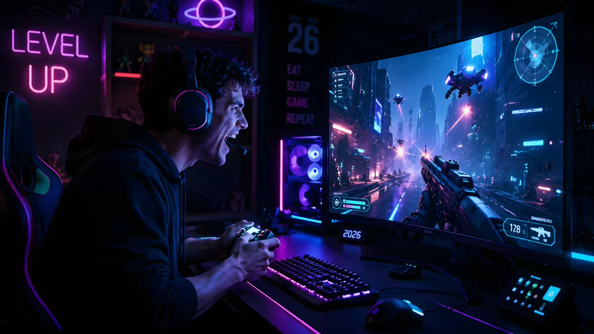 Begeisterter Gamer zockt Shooter am PC im Neon-Setup