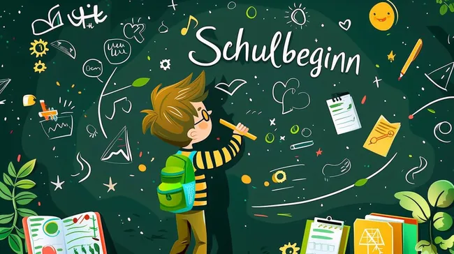 Begeisterter Junge zeichnet auf Tafel für Schulbeginn