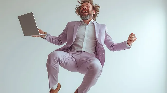 Begeisterter Mann im Anzug springt mit Laptop