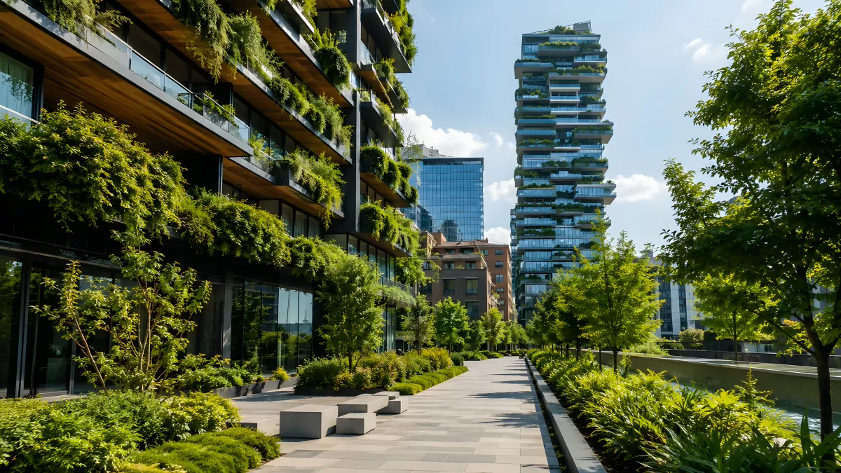 Begrünte Hochhäuser mit Gartenpromenade im Stadtpark