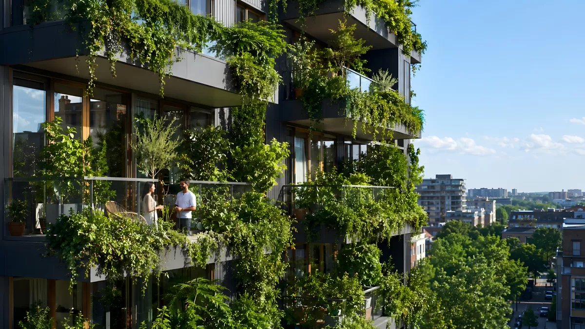 Begrünter Wohnturm mit Balkongärten in der Stadt