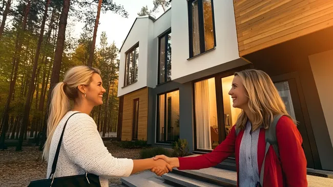 Begrüßung zwischen Immobilienmaklerin und Kunde vor Einfamilienhaus