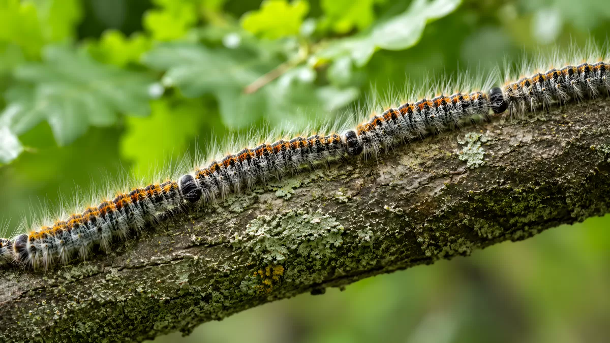 Behaarte Raupe kriecht auf bemoosten Ast im Wald