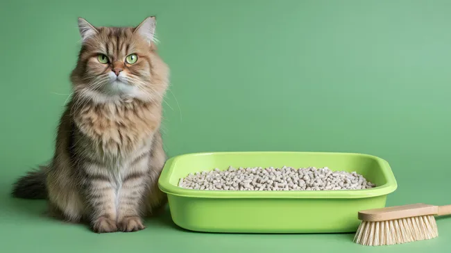 Behaglich rauhaarige Katze neben Katzentoilette