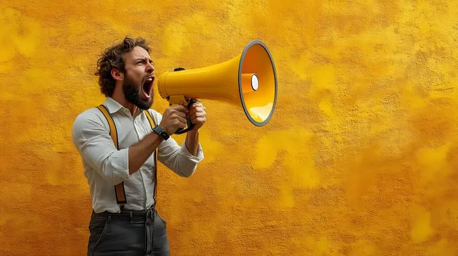 Beharrlicher Geschäftsmann mit gelbem Megaphon