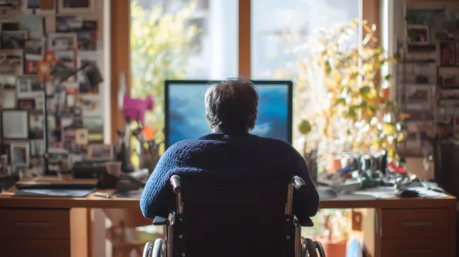 Behinderter Mann arbeitet am Computerbildschirm