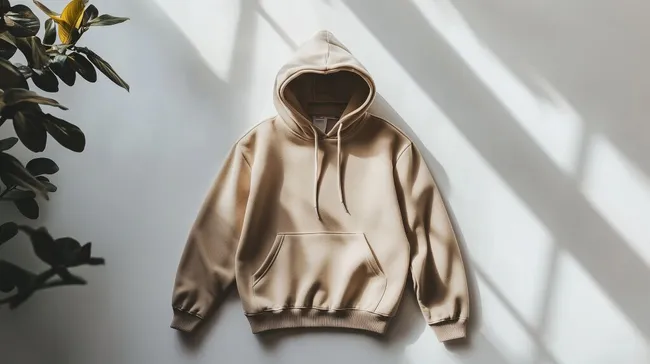 Beige Kapuzenpullover vor Blättern und Licht
