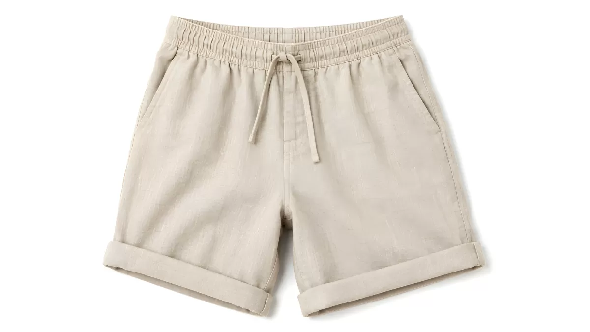 Beige Leinenshorts mit Tunnelzug und Umschlag