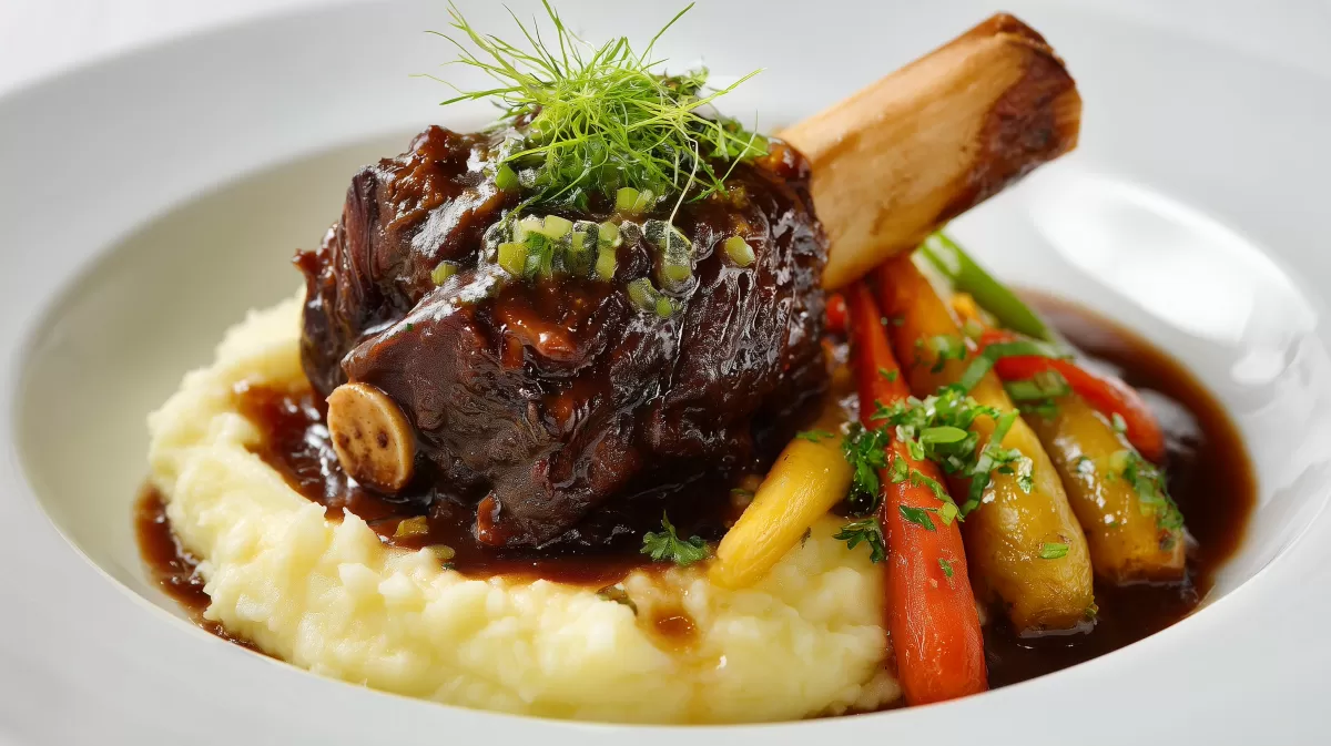 Beinscheibe geschmort in Rotwein auf Kartoffelpüree