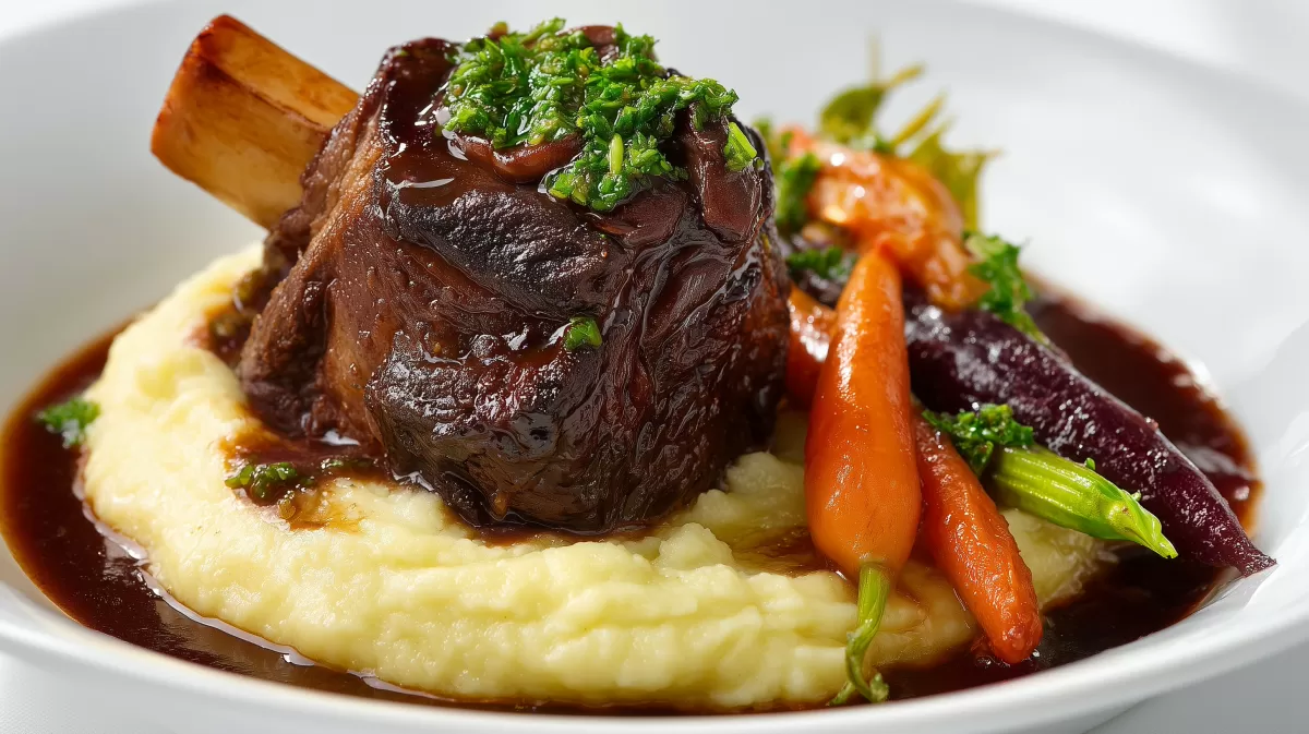 Beinscheibe geschmort in Rotwein mit Kartoffelpüree